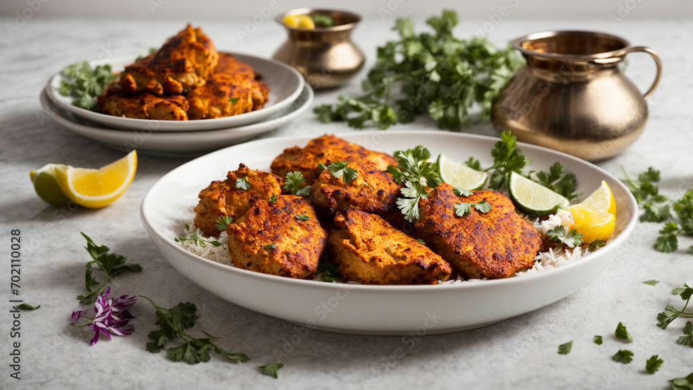 A minimalist stock photo featuring a perfectly arranged plate of Indian chicken tandoori on a clean white background A minimalist stock photo featuring a perfectly arranged plate of Indian chicken tandoori on a clean white background
