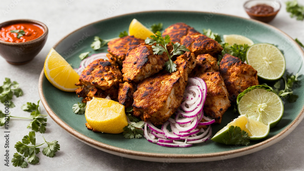 A minimalist stock photo featuring a perfectly arranged plate of Indian chicken tandoori on a clean white background A minimalist stock photo featuring a perfectly arranged plate of Indian chicken tandoori on a clean white background