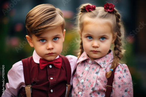 Serious boy and girl in vintage outfits. Concept: Childhood elegance and sibling bond.