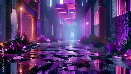 A digital art piece drawing the viewer's gaze into a fantastical passageway lined with crystals emitting purple light.
 photo