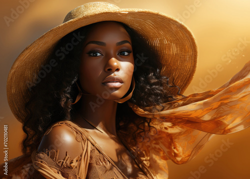 Attractive black woman in hat on sunny day