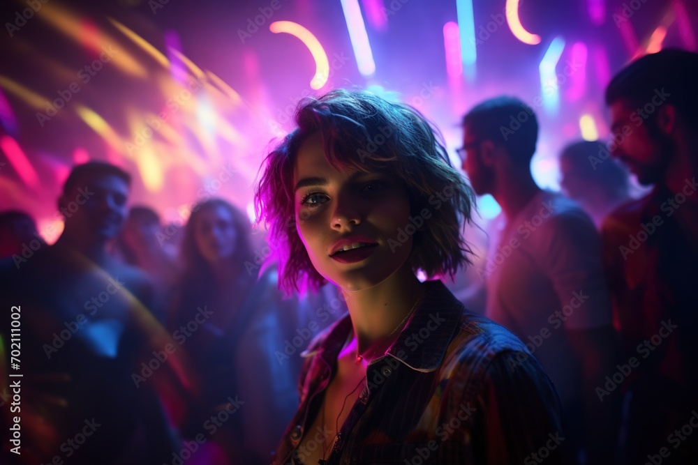 Portrait of a beautiful girl with short hair dancing in a nightclub 