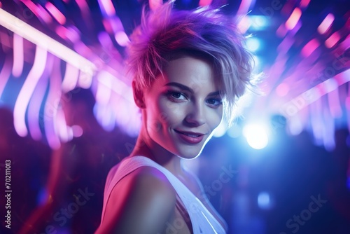 Portrait of a beautiful girl with short hair dancing in a nightclub 