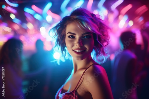 Portrait of a beautiful girl with short hair dancing in a nightclub 