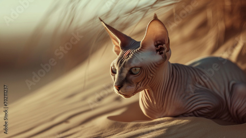 Chat de race sphynx couché dans le désert, chat sans poil photo