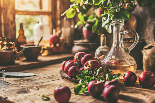A jug of apple cider vinegar with fresh red apples on a rustic table photo