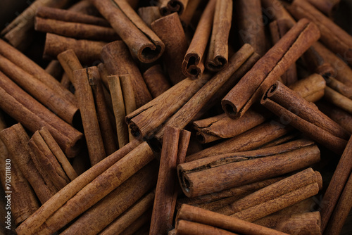 Heap of cinnamon sticks, close up
