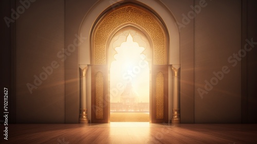 Mosque door with bright light background. copyspace - generative ai © Nia™