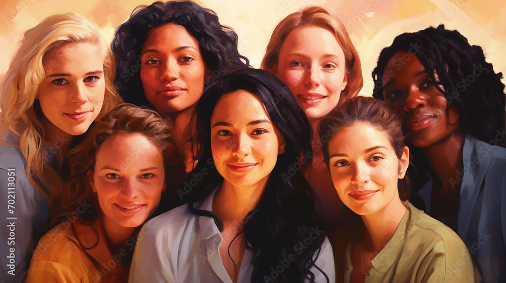 Obraz premium Portrait of a group of smiling women of different races - ai generative