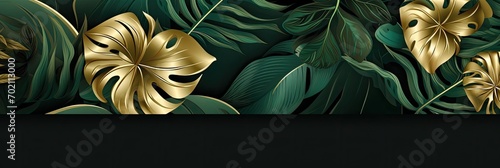 Luxury gold and nature green background vector. Floral pattern, Golden split-leaf Philodendron plant with monstera plant line arts, Vector illustration.