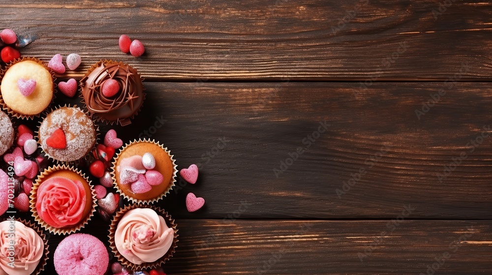 Valentine's Day card, sweets on a wooden table, hearts, copy space Valentine's Day card, sweets on a wooden table, hearts, copy space