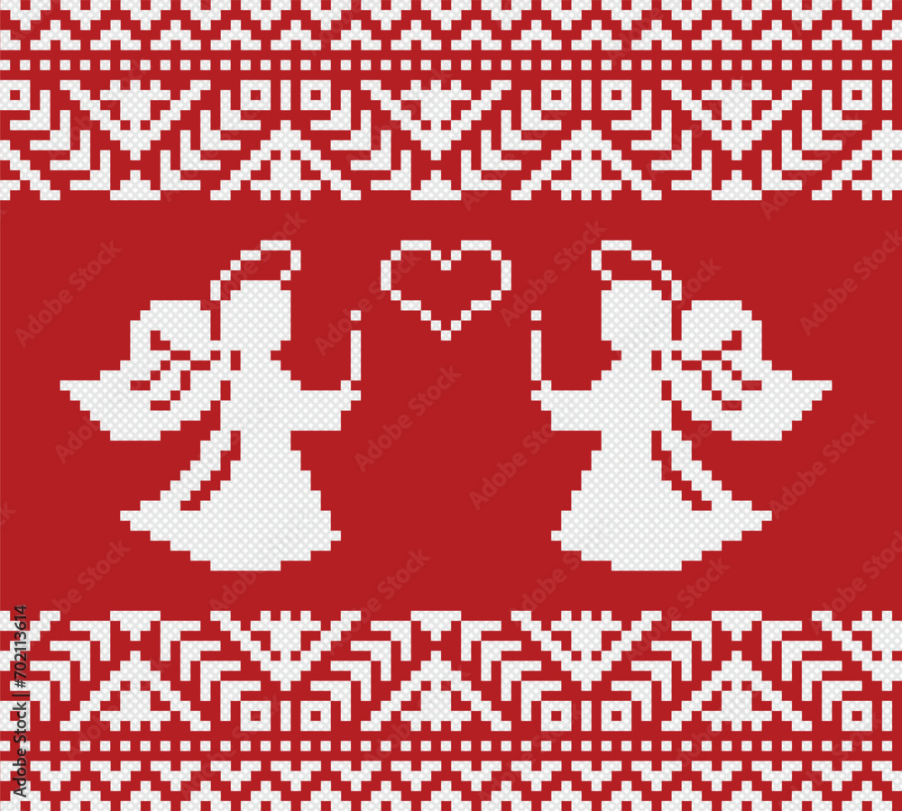 seamless pattern with valentine heart angel of love. pixel pattern. cross stitch