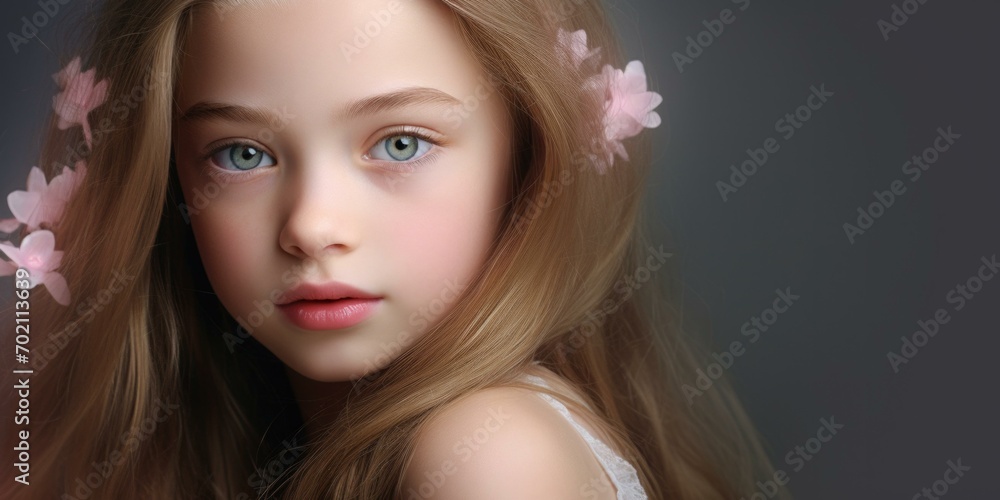 A cute young girl with a fresh flower crown, radiating happiness and innocence, perfect for cosmetics and beauty product ads. Generative AI. A cute young girl with a fresh flower crown, radiating happiness and innocence, perfect for cosmetics and beauty product ads. Generative AI.