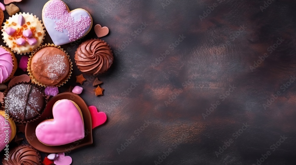 Valentine's Day card, sweets on a wooden table, hearts, copy space Valentine's Day card, sweets on a wooden table, hearts, copy space