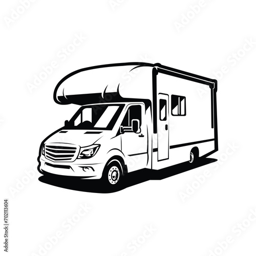 Monochrome Camper Van Caravan RV Vector Isolated in White Background. Camper vector illustration