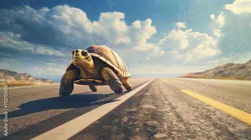 A sea turtle crosses the road