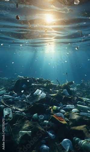 Plastic pollution in the ocean, concept of pollution and environmental pollution, 3d rendering stock photo. Generative AI.