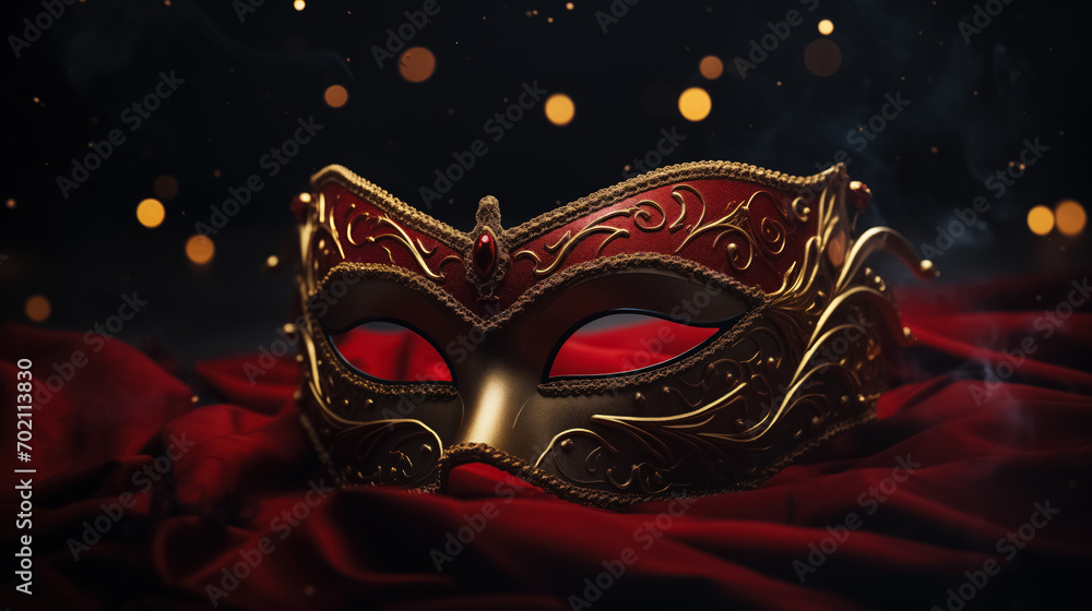 Festive Red Masquerade Mask for Carnival. On a Dark Background with a Golden Bokeh Glow. Elegant Festival Decor. Holiday Pageant and Mardi Gras Concept.