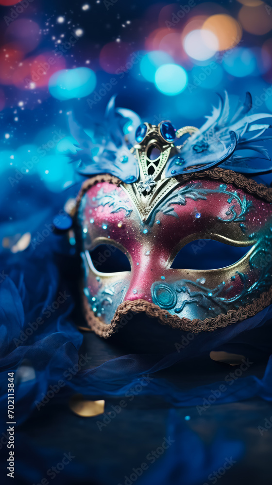 Festive Colorful Masquerade Mask for Carnival. Celebratory Blurred Background with Glitter. Elegant Festival Decor. Holiday Pageant and Mardi Gras Concept. Vertical Banner