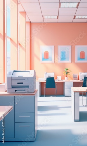 A large office with a printer and a computer. Generative AI.