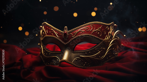 Festive Red Masquerade Mask for Carnival. On a Dark Background with a Golden Bokeh Glow. Elegant Festival Decor. Holiday Pageant and Mardi Gras Concept.