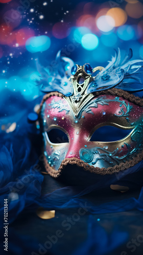 Festive Colorful Masquerade Mask for Carnival. Celebratory Blurred Background with Glitter. Elegant Festival Decor. Holiday Pageant and Mardi Gras Concept. Vertical Banner © Anastasia Boiko