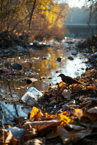 A bird enjoying a clean, serene environment near a stream amidst autumn leaves. Generative AI. © serg3d