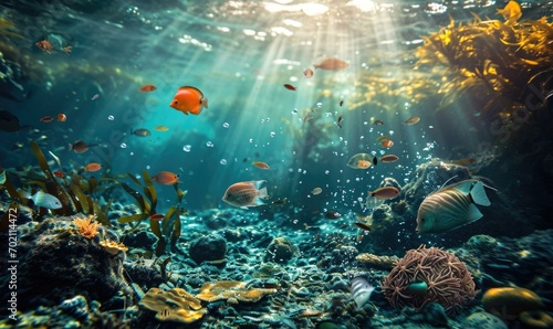 A vibrant underwater scene showcases reduced ocean waste and improved recycling on land. Colorful fish and a thriving coral reef depict a sustainable environment. Generative AI.