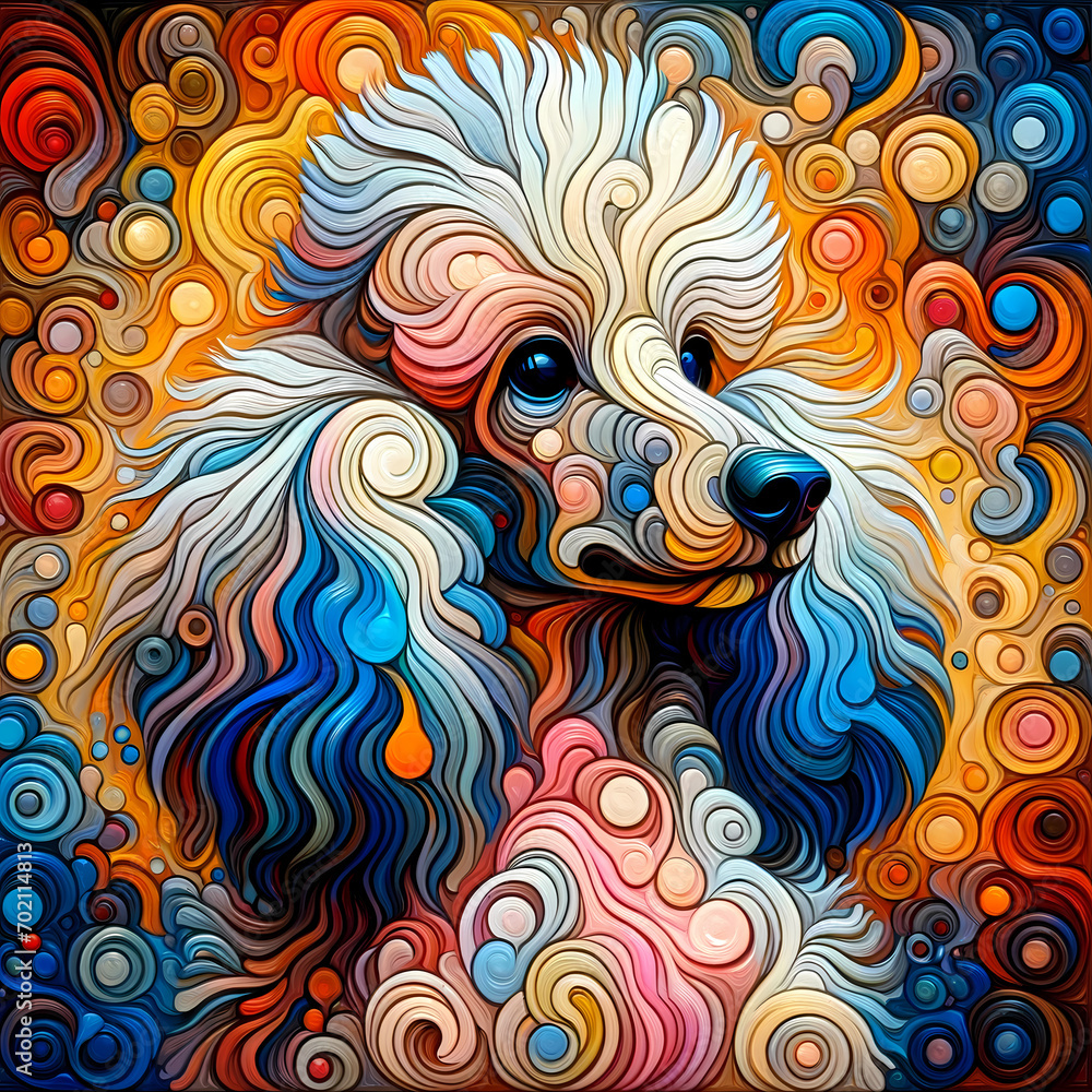 Abstract oil painting of a Poodle dog, with an increased emphasis on the fusion of impressionism and retro surrealism for wall decor