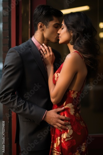 A couple shares a passionate kiss in a red dress and suit attire.. A fictional character created by Generative AI. 