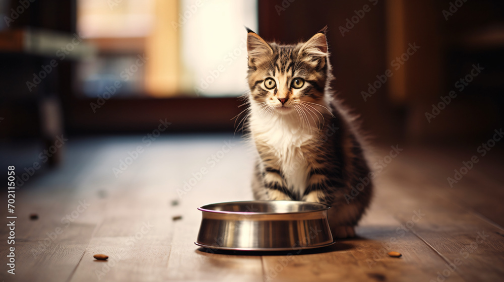 Adorable cat near food bowl