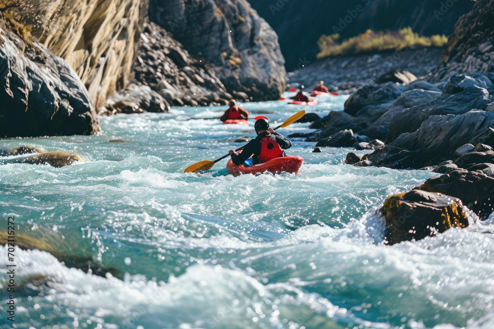 a group of friends engaged in kayaking or rafting on a river with rocks