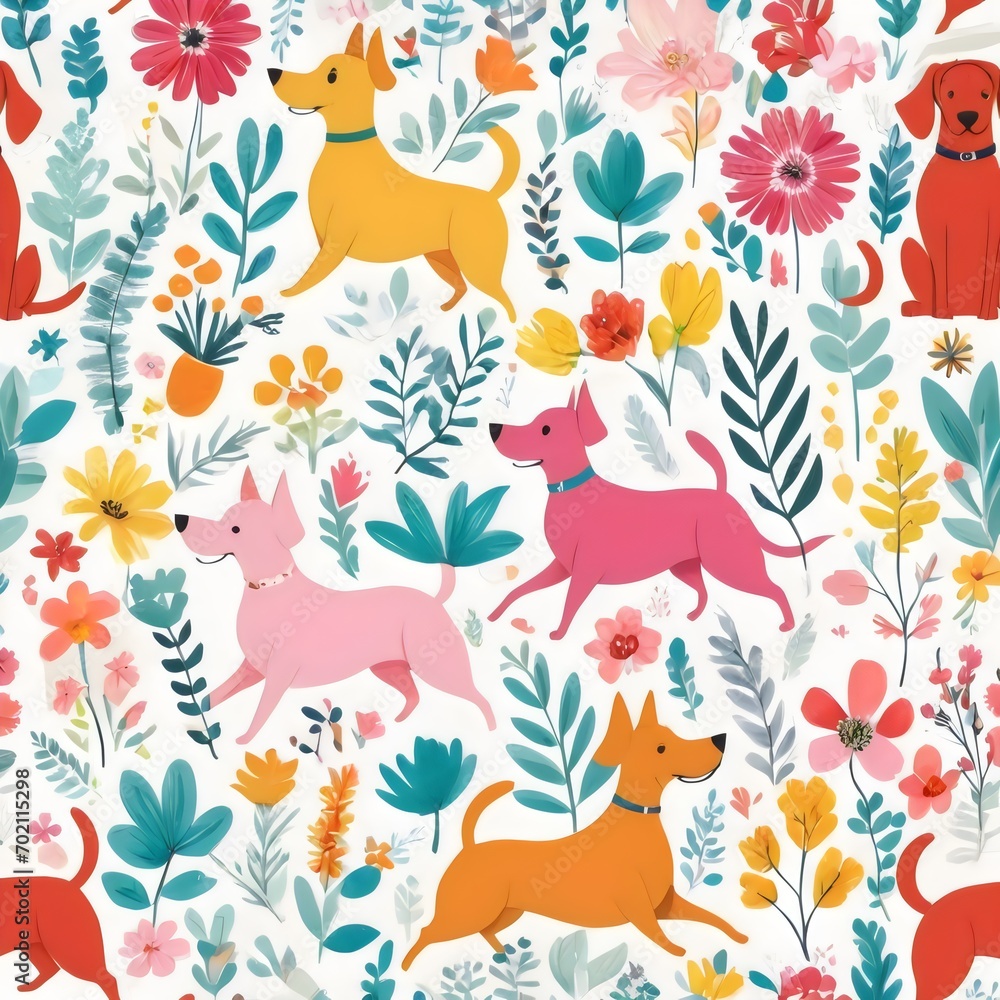 Seamless pattern with cute dogs and flowers. Digital Painting illustration.
