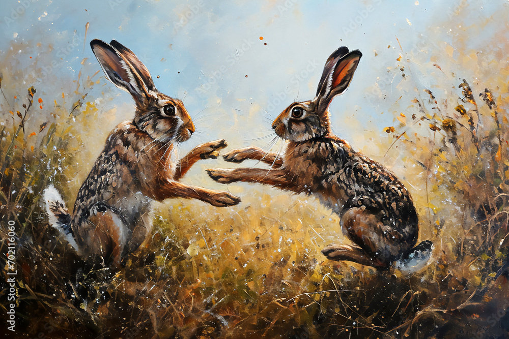 Two March hares boxing and fighting in the spring in a springtime meadow during the mating season, stock illustration image  - obrazy, fototapety, plakaty 