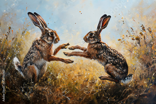 Two March hares boxing and fighting in the spring in a springtime meadow during the mating season, stock illustration image 