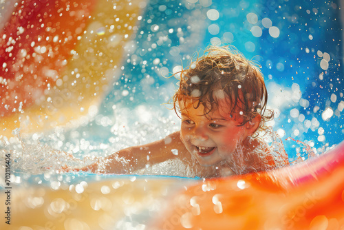 a toddler splashing around in an inflatable water slide photo
