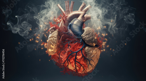 Human Heart in Cigarette and Vape Smoke on a Dark Background. Anatomical View. Heart Diseases and Infarct. For Cardiology. Smoking harm concept. Cardiovascular Disease Awareness. 3D Illustration.