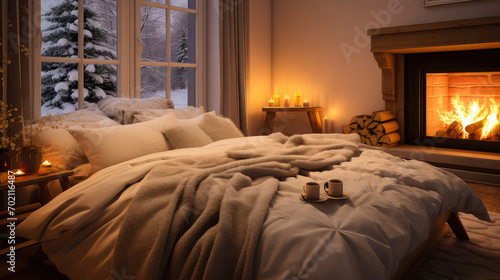 Modern Interior of a Cozy Bedroom with a Fireplace and Candles in the Evening. Double Bed. Outside Window Winter Day. Concept of a Comfortable Place to Relax and Sleep.