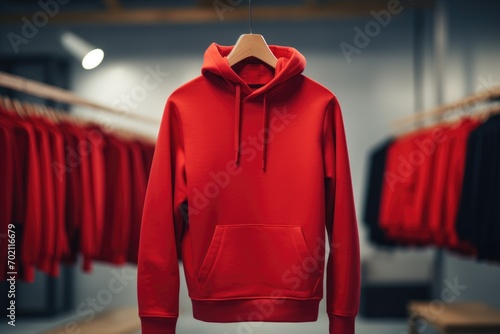 A mock-up of a red hoodie in the store