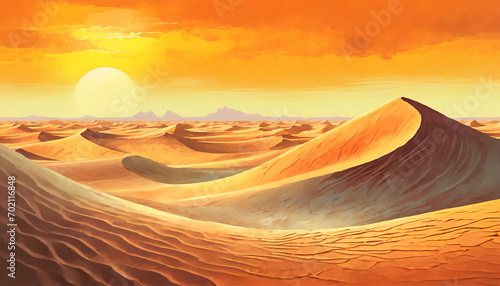 Summer day in the desert, dunes, the sun is shining brightly, heat. Background for Photoshop, place for text
