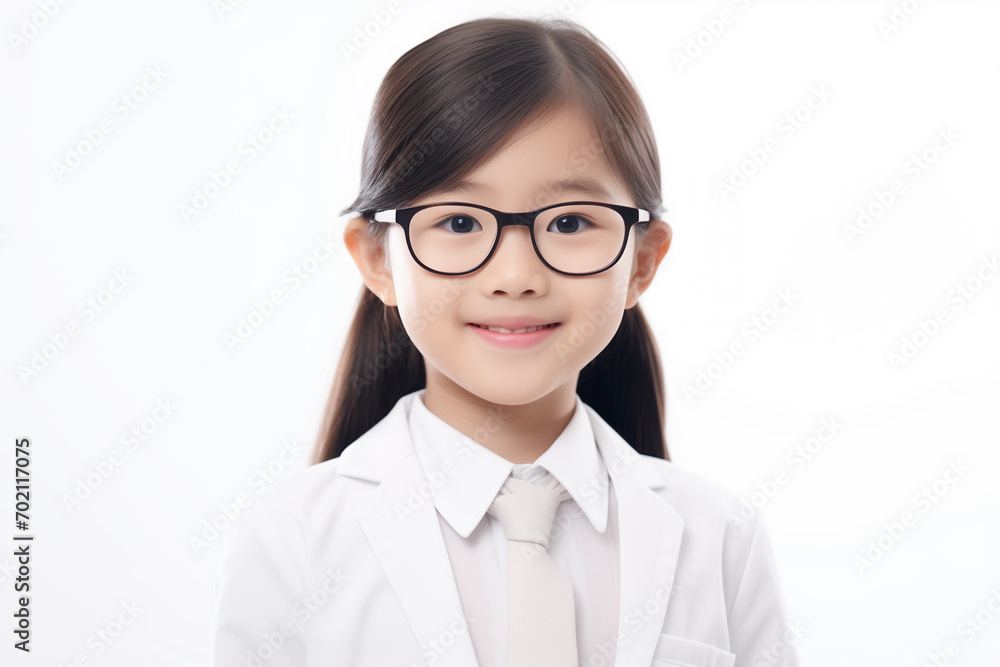 Asian school girl kid 7-9 years, cute, pretty, looking at camera, isolated on the grey background, studio shot