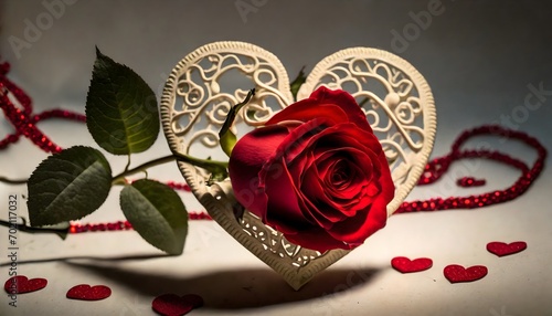 Valentine's card embraced by the elegance of a red rose.  beauty of affection. beauty of love red hearts on white background High quality photo, red rose on a wooden background