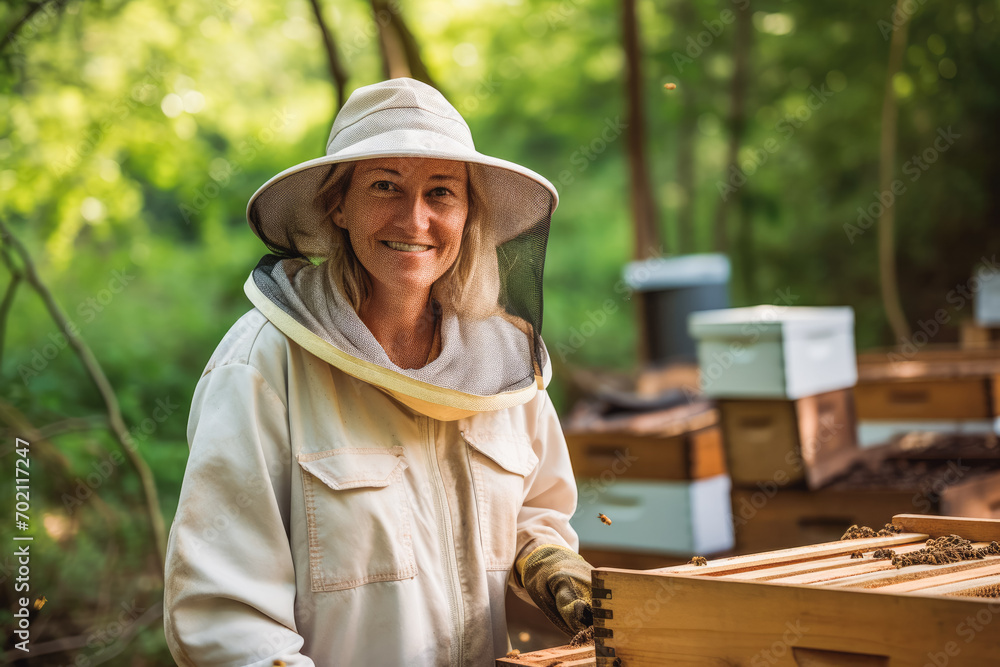 Woman wearing full body protection against bees. Smiling. Behind is bee ...