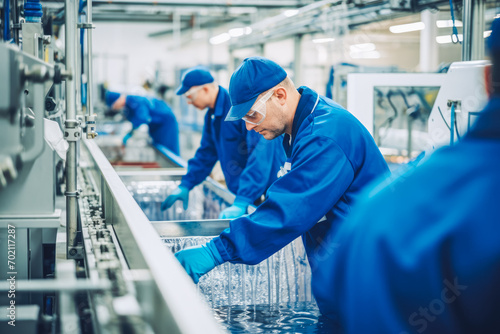 Workers filtering the water in modern factory. Clean water supply for the increasing global population. Water supply issues.