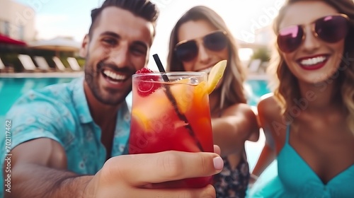 Happy young couple taking a selfie with a cocktail at the swimming pool Generative AI