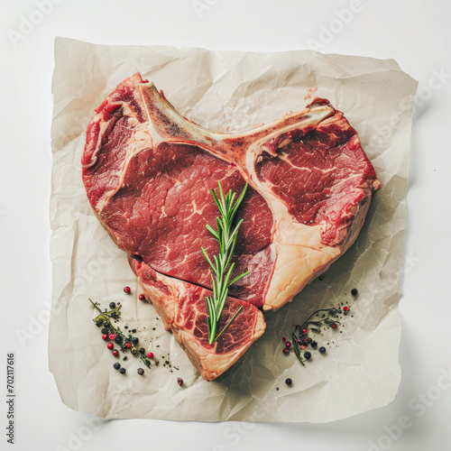 Heart shape made from T-bone Steak. Romantic Valentine's Day food concept