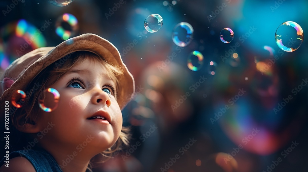 Cute little girl playing with soap bubbles. Kid having fun. Generative AI Cute little girl playing with soap bubbles. Kid having fun. Generative AI