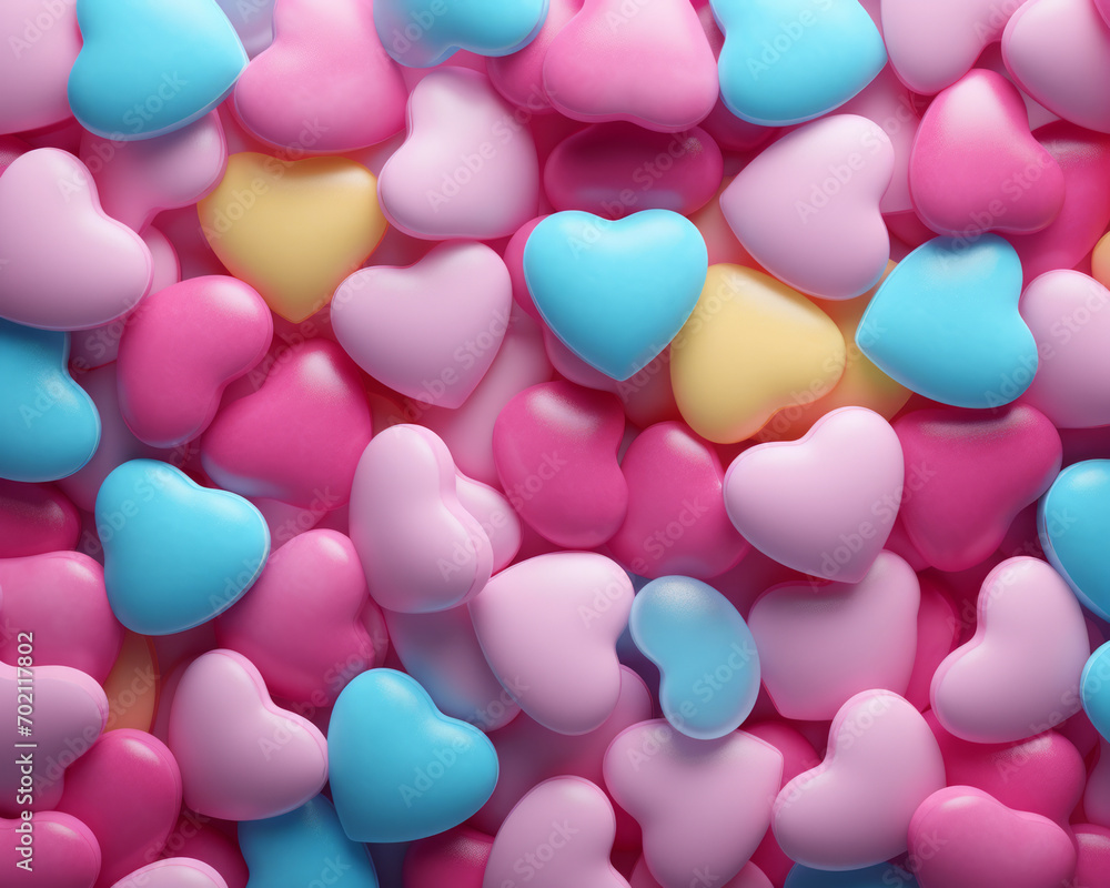 Many colored heart shapes in different colors on a pink background. Valentine's Day background