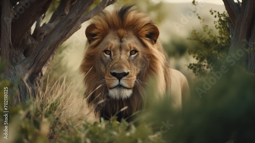 Male lion in the savannah of Okavango Delta  Botswana. Generative AI