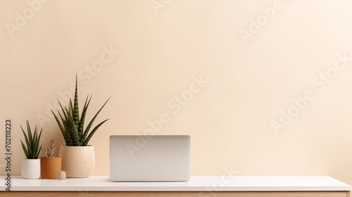 Mockup wall, shelf with laptop, cactus and succulent. 3d render Generative AI © AlexandraRooss